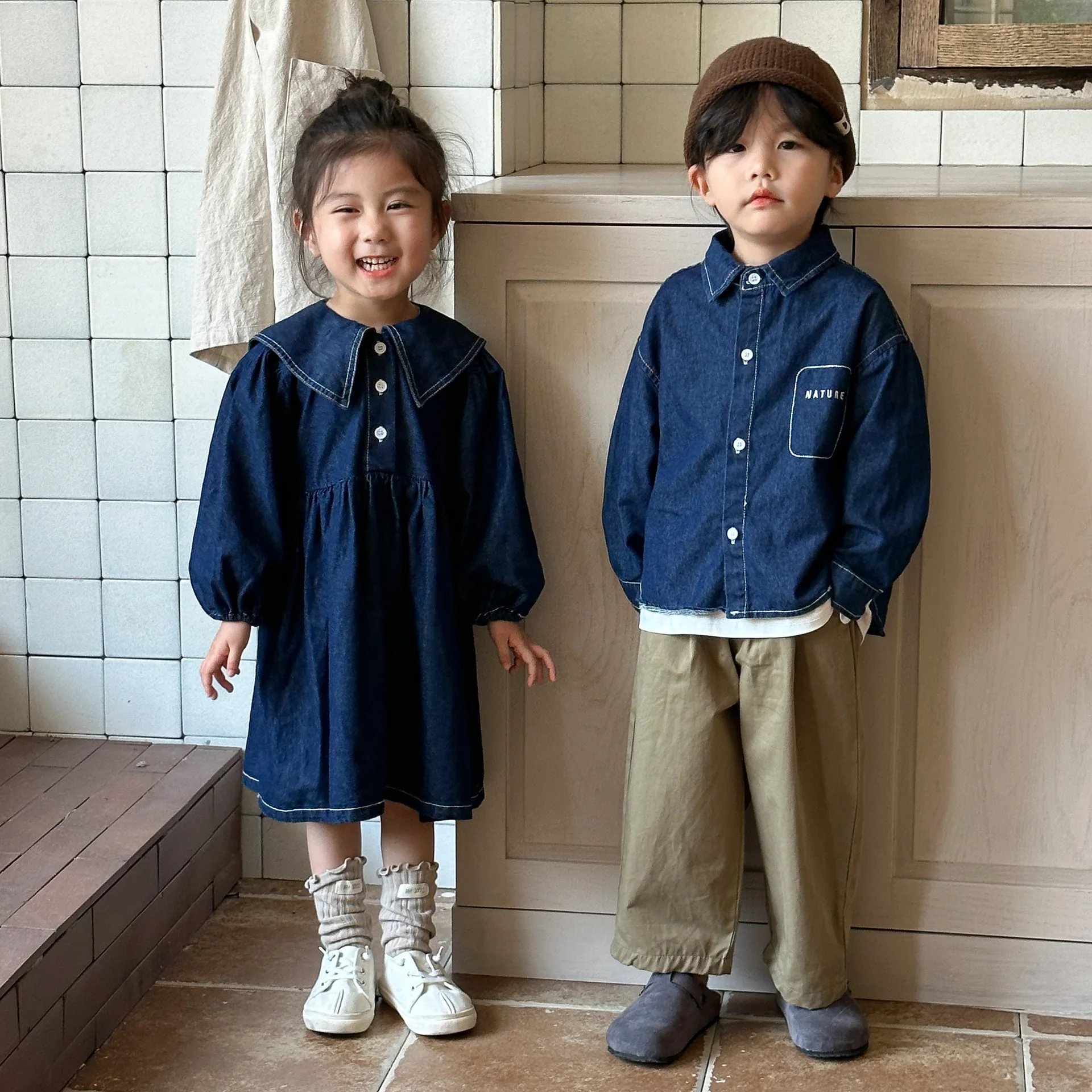 

Autumn Brother Sister Denim Outfit Kids Boys Letter Shirts Long Sleeve Girls Lapel Dresses 2-6Y Children's Clothes