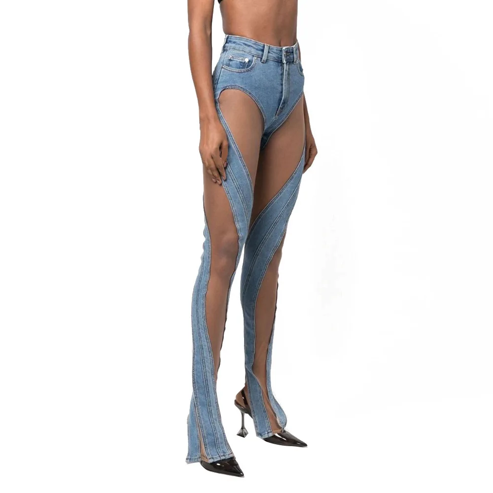 

Fashion Women's Jeans High Waist Spiral Hollow Out Mesh Design Sense Stitching Slit Denim Pants Autumn 2023 New Tide M834