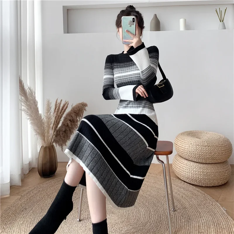 

Mid length knee length woolen dress with striped bottom and knit dress for autumn and winter Korean style