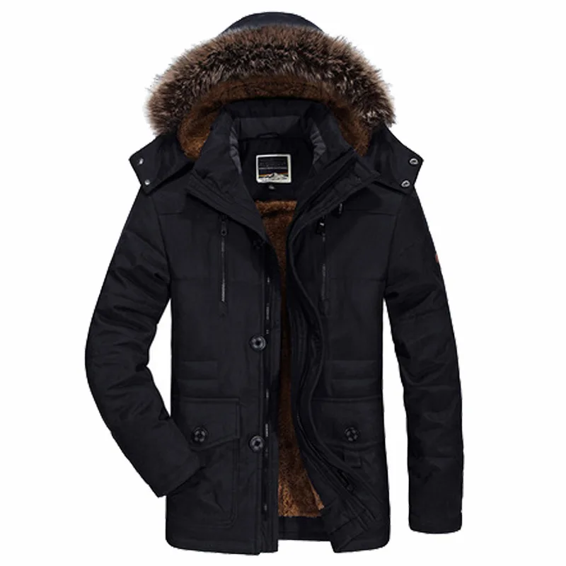 Thicken Men Winter Coat Plush Fur collar Hooded Men Wool Liner Jakcket Padded Cotton Coat Long Outdoor Hooded Jacket Snow Parkas