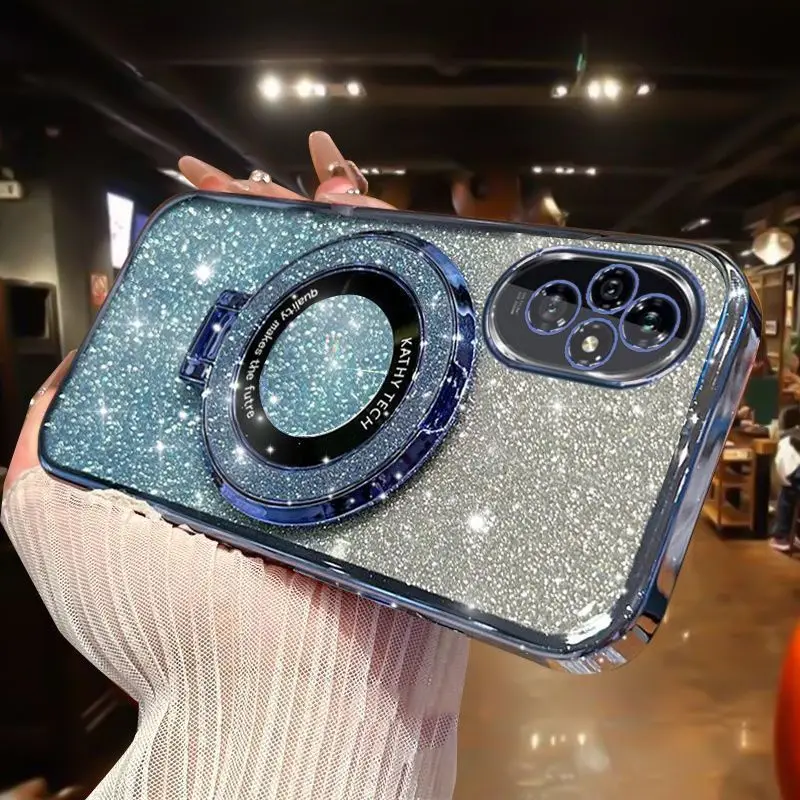 

For Honor 20 Pro 20 Lite Case Metal For MagSafe Magnetic Wireless Charging Glitter Clear Cover Coque For Honor 200 Case
