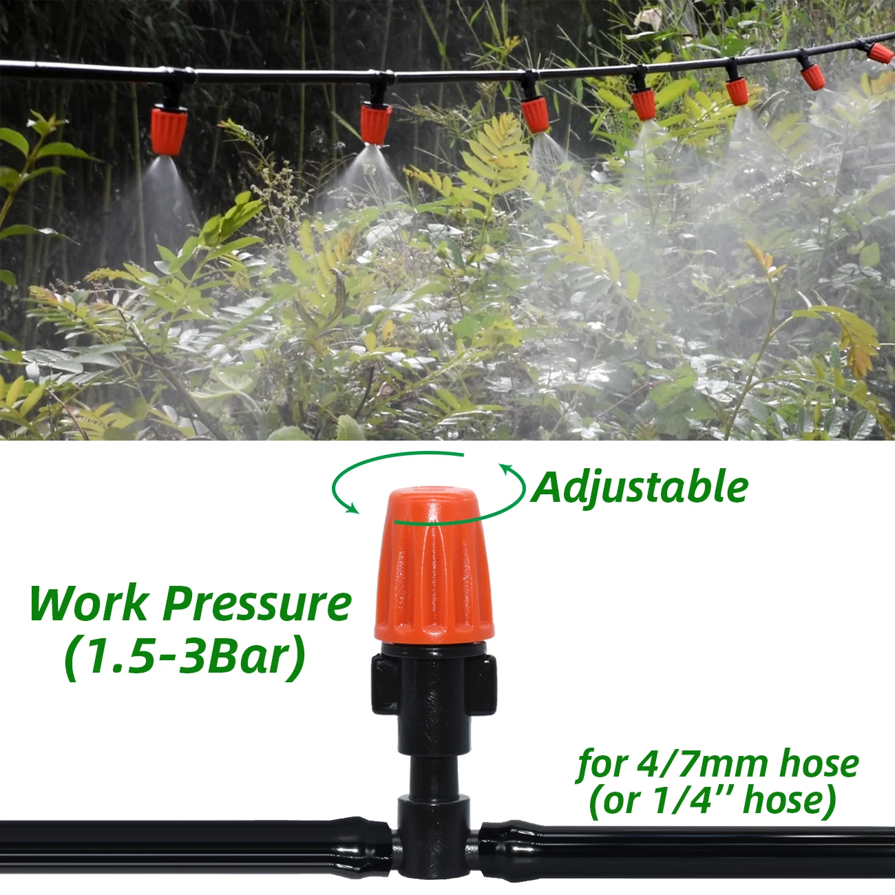 25pcs Misting Cooling Adjustable Nozzles w/ 1/4'' Tee for Drip Irrigation Garden Watering System Kit Flower Bonsai Greenhouse 2