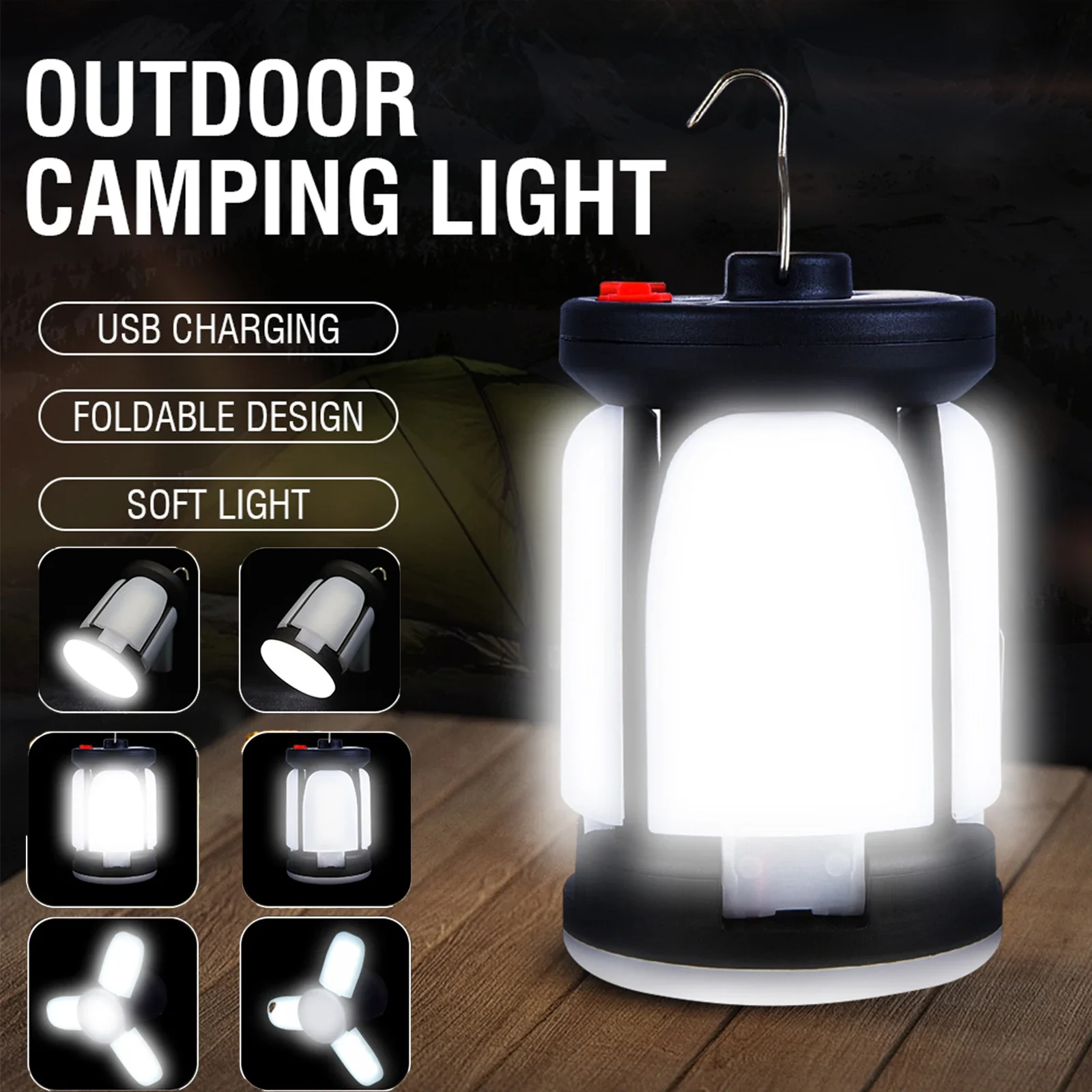 Camping Lantern High Power Solar LED Camping Lantern Rechargeable 4500mAh 1000LM Emergency Power Bank Foldable 6 Light Modes for Camping Fishing