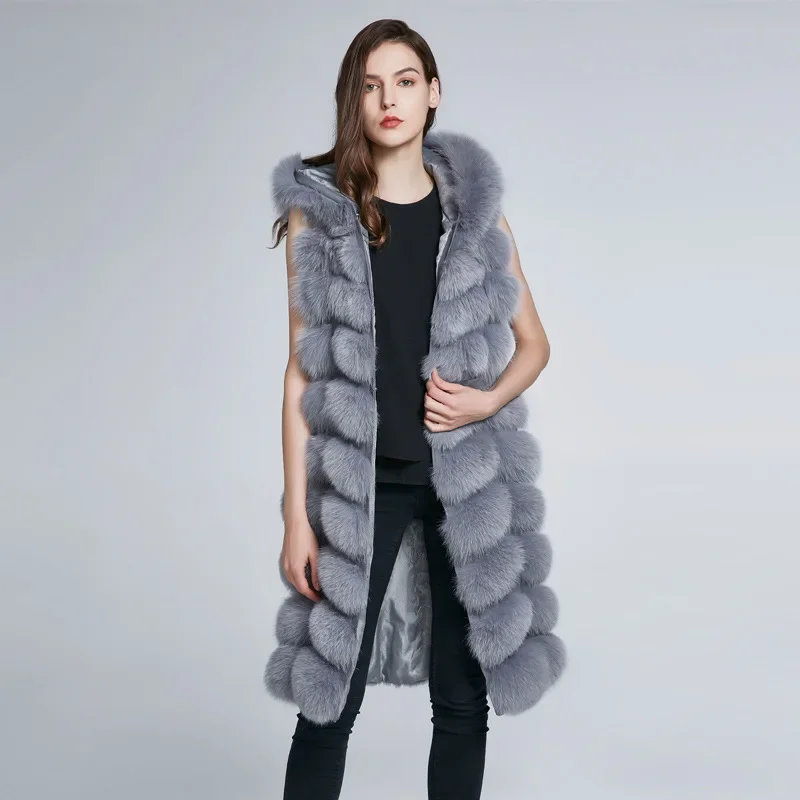 Hooded Fox Fur Grass Coat Vest Extended Women's European and American Autumn and Winter