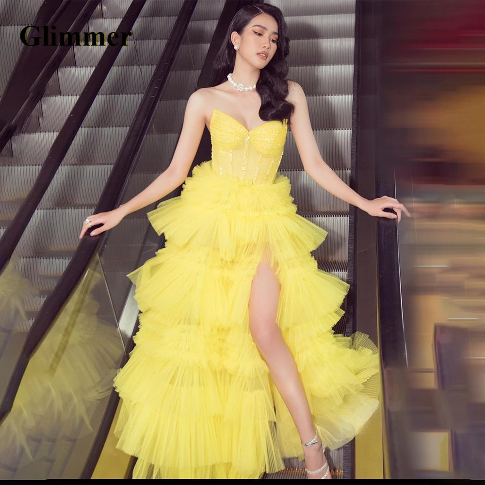 

Glimmer Modern Tiered Evening Dresses Sweetheart Tulle Side Slit Sleeveless Backless Pleat Vestidos De Festa Personalised