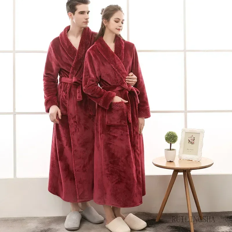 

Women Plus Men Coral Robe Winter Sleepwear Spa Fleece Long Thick Size Bathrobe Cozy Lovers Warm Dressing Flannel Gown Extra Bath