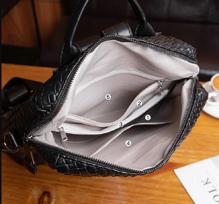 New Fashion High Quality Woven Soft Leather Backpack Women Large Capacity Travel Shoulder Bags School Bag Leisure Backpacks 4
