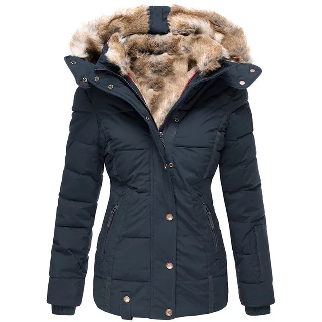 1 Pcs Women's Warm Fur Collar Cotton Down Jacket Zipper Long Sleeved Slim Fitting Hooded Cotton Jacket Outdoor Winter Warm Coat 4