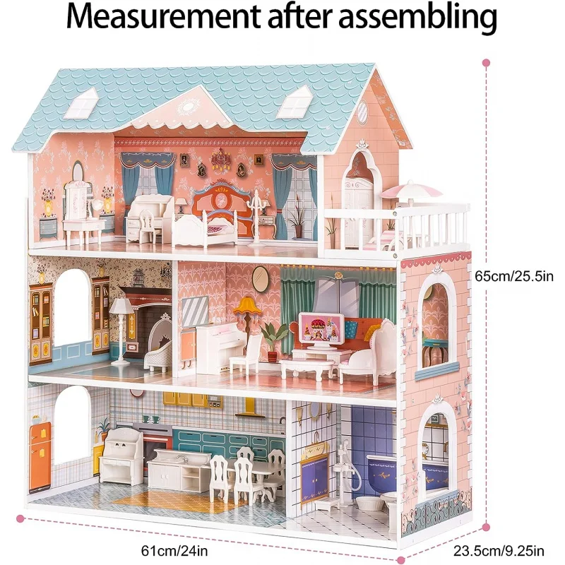 Wooden Dollhouse for Kids Girls, Toy Gift for 3 4 5 6 Years Old, with Furniture
