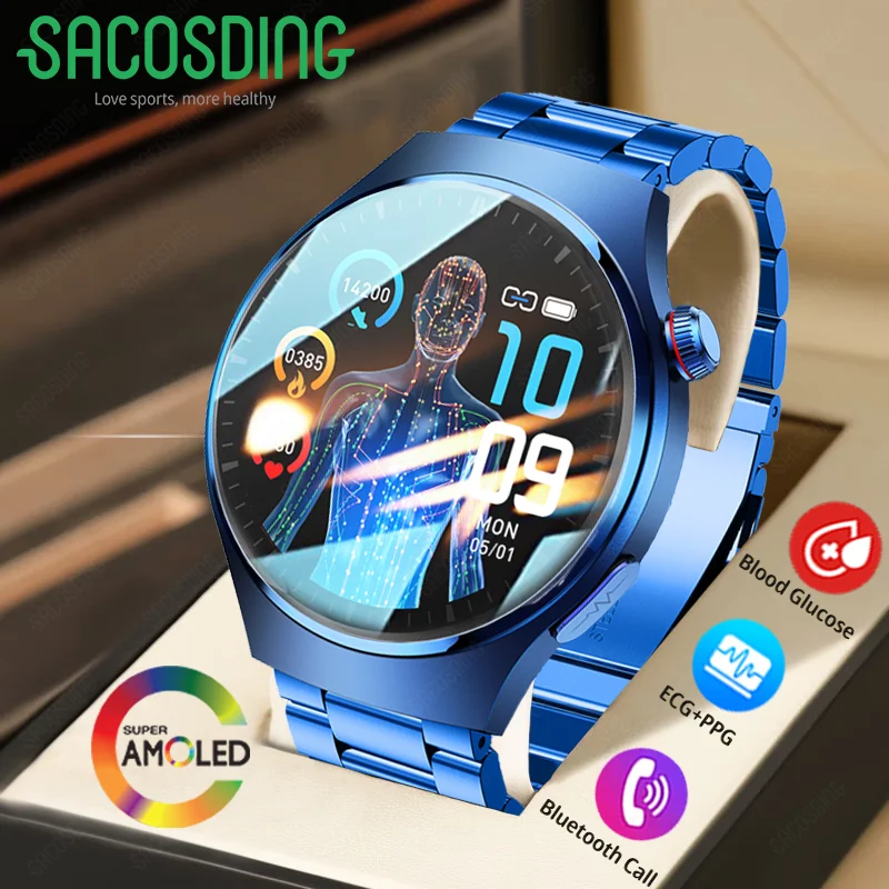 

2023New Health Monitor Blood Glucose Smart Watch Pressure ECG+PPG Bluetooth Call AMOLED Screen Sports Watches Smartwatch For Men