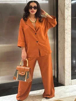 Wmstar Two Piece Set Women Wholesale Lapel Loose Single Breasted Shirt High Waisted Straight Leg Pants Casual Elegant Suit 1