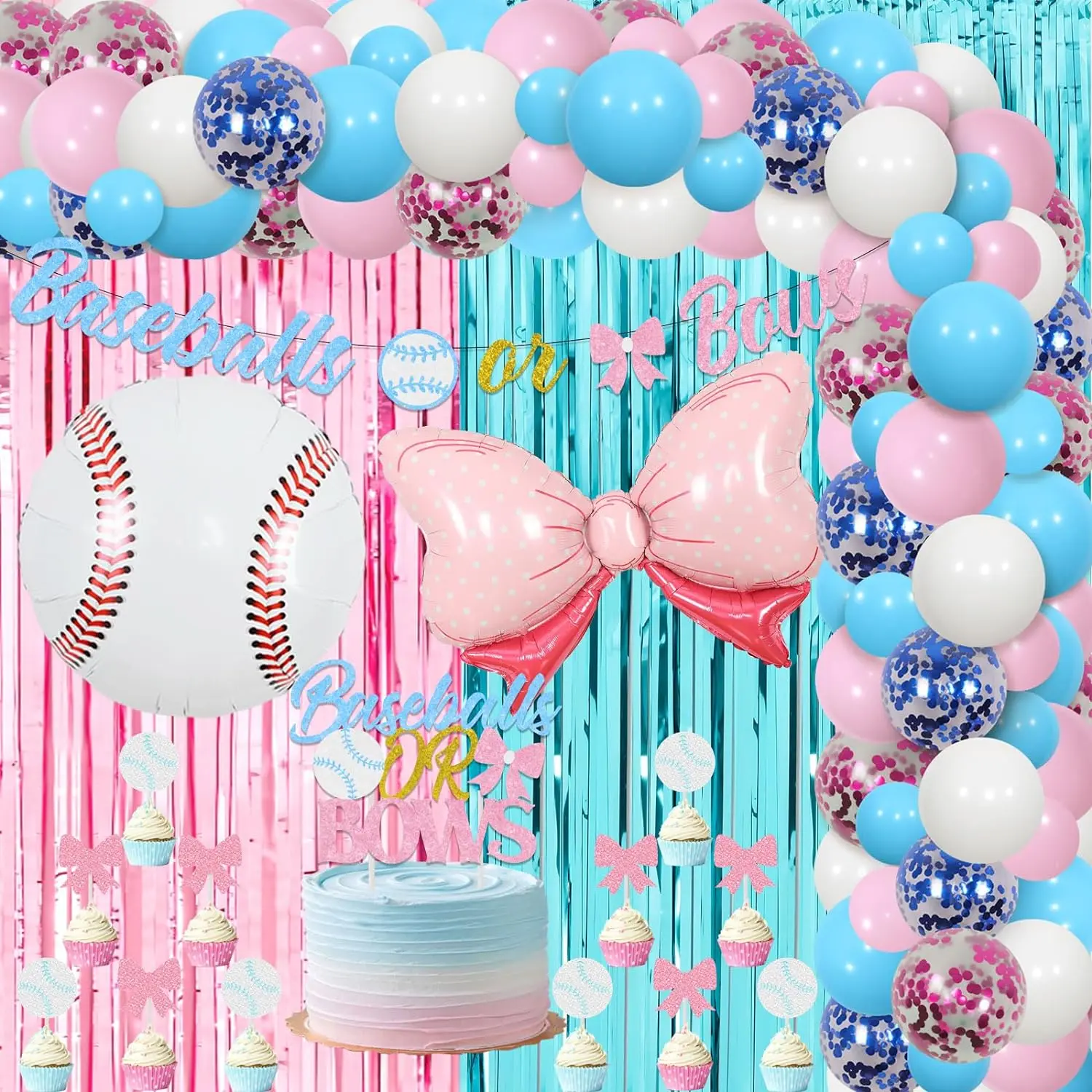 

Baseballs or Bows Gender Reveal Balloon Garland Kit Decor Banner Cake Cupcake Toppers for Baby Shower Pregnancy