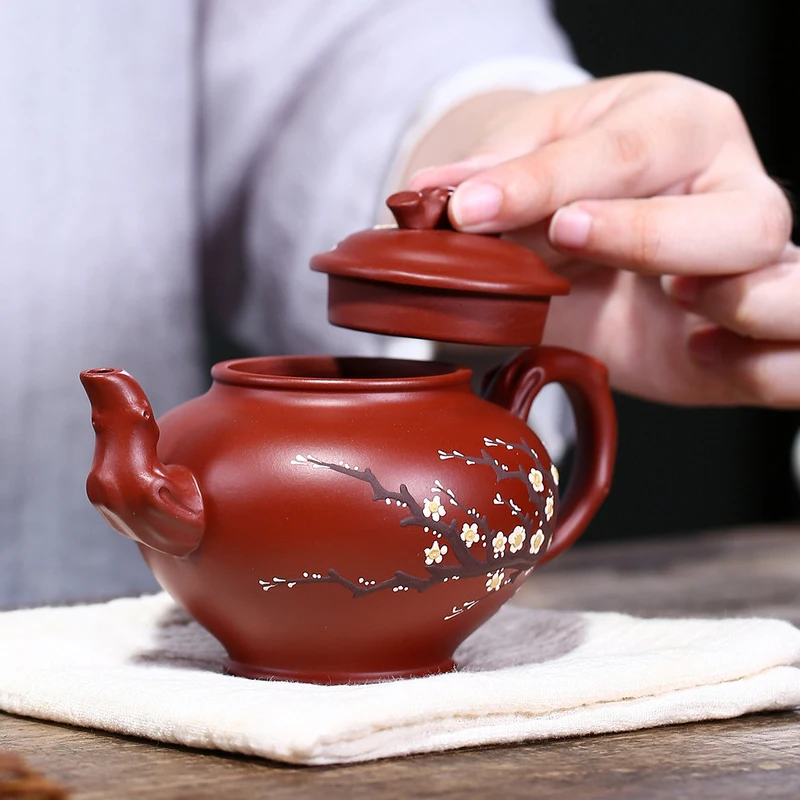 Chinese Style Plum Blossom Pattern Teapot, Purple Clay Raw ore Dahongpao, Kung Fu Household, Handmade, 230ml Pot, New, 1Pc