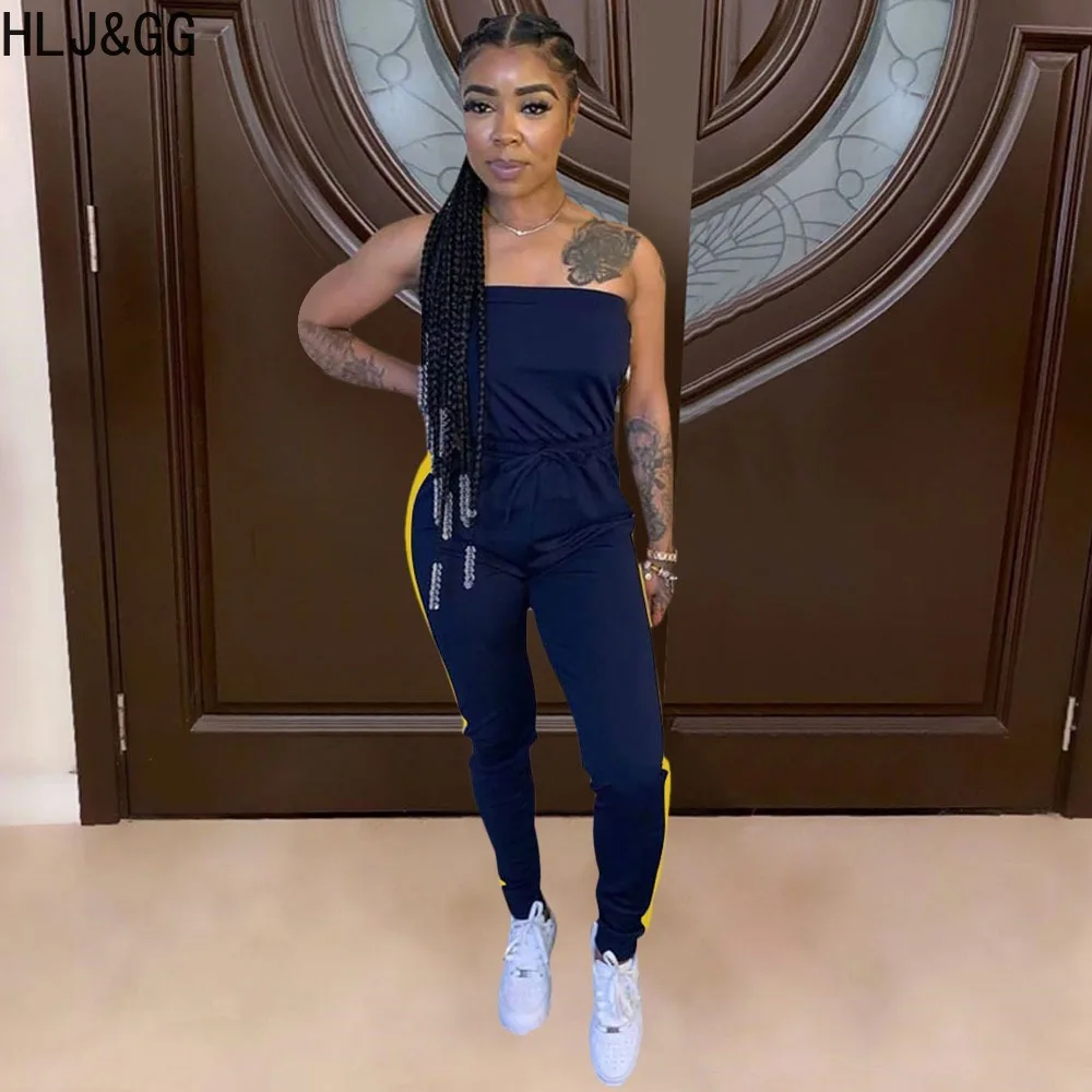 HLJ&GG Spring New Off Shoulder Bandage Sporty Tube Jumpsuits Women Sleevless Backless Playsuits Female Stripe Print Slim Overall