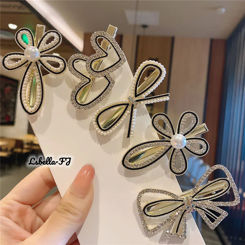 

Pearl Rhinestone Hairpin Bow Side Clips Fashion Women's Alloy Full Diamond Bangs Clip Duckbill-clip Hair Accessory
