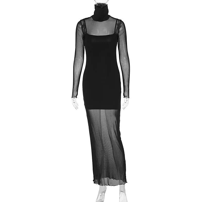 Conjunto de dos piezas de malla para mujer, vestido mini transparente, ajustado, sexy, de moda, de manga larga, con retazos, otoño 2025