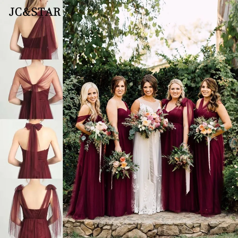 Burgundy Tulle Bow Bridesmaid Dresses Long ElegantGarden Wedding Party Gown Convertible Multiple Wearing Styles Vestido De Gala