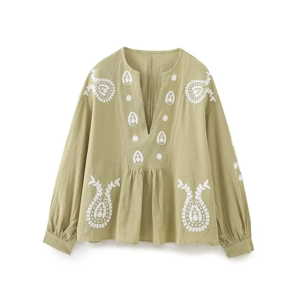 

Women's 2024 New Fashion Embroidery Decoration Loose V Neck Pleated Women's Shirt Retro Long sleeved Women's Shirt Chic Top