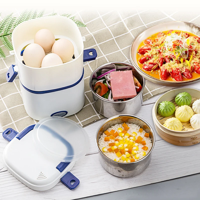 Electric Rice Cooker 220V Heating Lunch Box 2 Layers Self Cooking Machine Food Steamer Food Storage Box For Home Office School 4