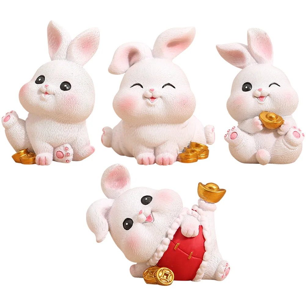 

4 Pcs Big Ear Rabbit Ornament Zodiac Resin Bunny Figurines Mini Toy Desktop Statues Cartoon Shaped Decorations Animal Miniature