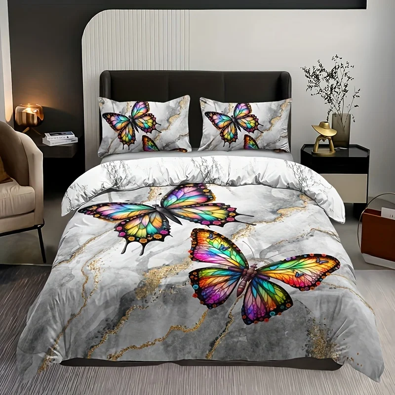 Fashion Duvet Cover Set, Bronzing Marble Feather Print Bedding Set, Soft Comfortable Duvet Cover, For Bedroom, Guest Room