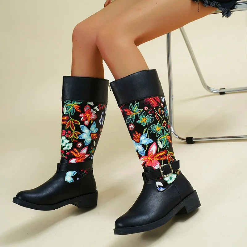 2023 New Women Embroidery Flowers Knee High Boots Women Ethnic Retro Chunky Heel Large Size Knight Boots