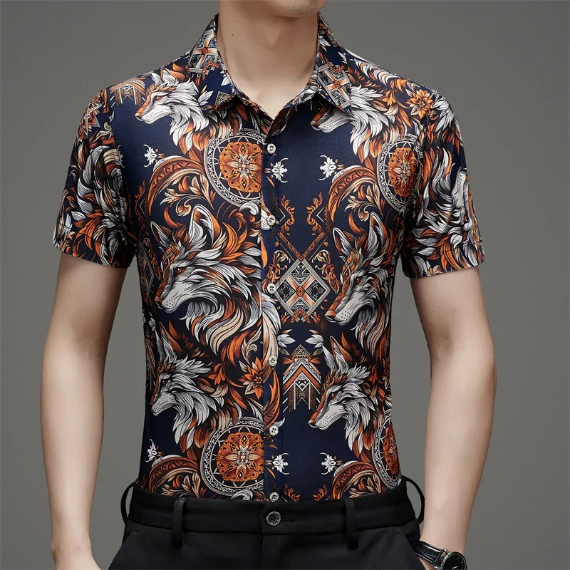 

Summer New Ice Silk Short Sleeved Floral Shirt, No Iron, Anti Wrinkle Casual Printed Shirt for Men