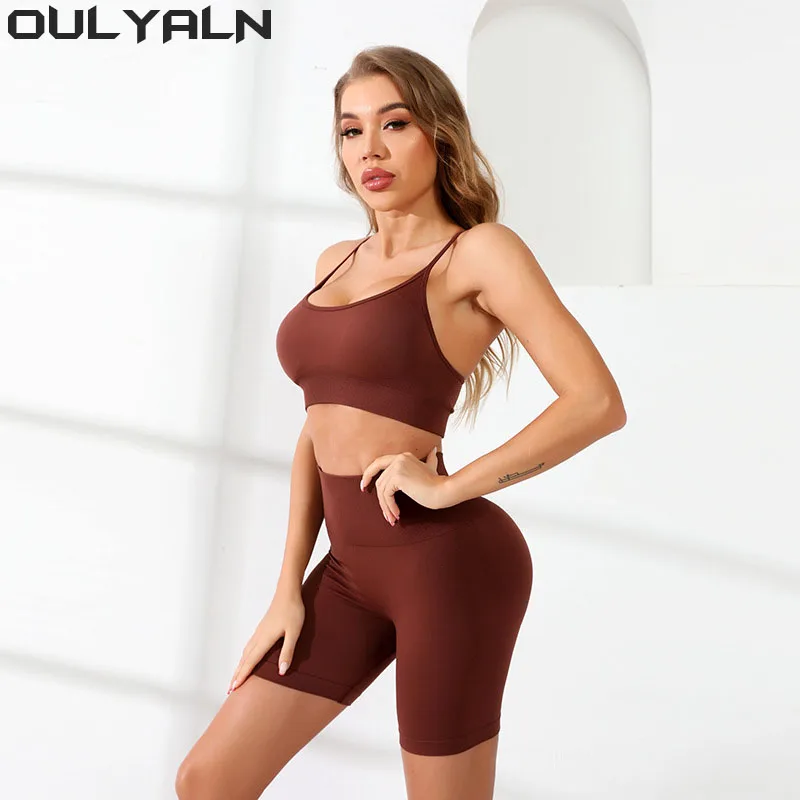 

Oulylan Womens Clothing Gym Yoga Set Women's Tracksuit Cycling Shorts Set Tight Elastic Short Chest Pad Removable Bra