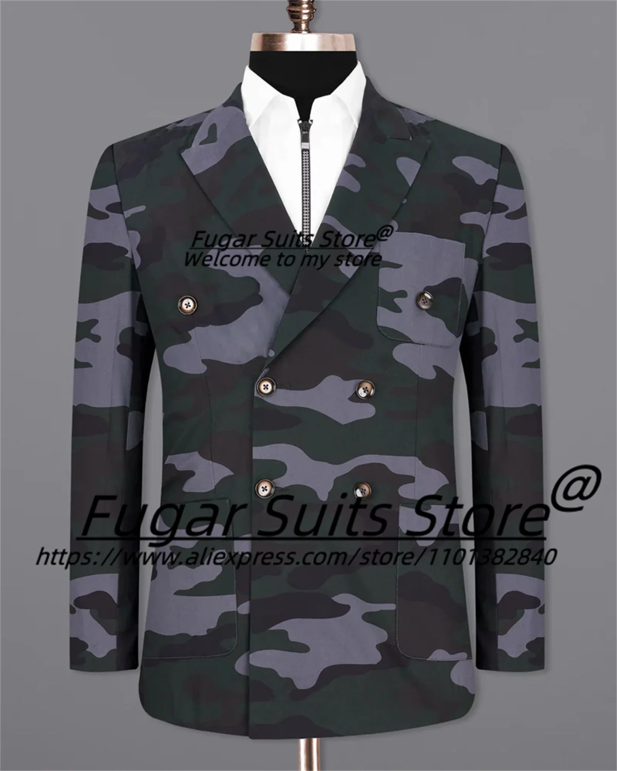 Description Picture 5 of itemTravel Camouflage Men Suits Slim Fit Double Breasted Prom Party Tuxedos 2 Pcs Sets Tailor Made Casual Male Blazer Costume Homme