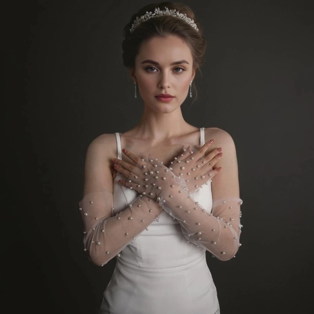 Wedding Dress Gloves Wedding Sleeve Accessories 1 Pair Bridal Fingerless Pearl Gloves Wedding Sleeves Removable Shrugs for Women Summer Elegant Bolero Shoulder Cape VPM10