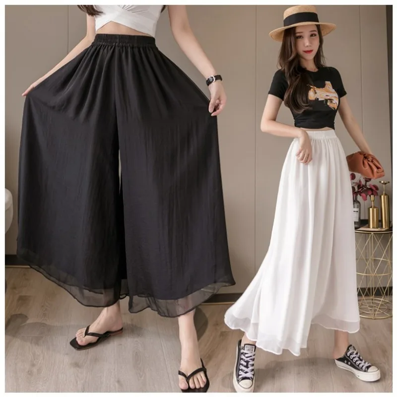 Double Layer Chiffon Wide Leg Pants for Women Summer New Elastic Waist Casual Thin Fairy Pants Loose Nine-point Pants