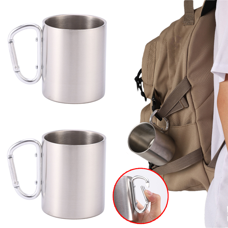 220/300ml Stainless Steel Cup for Camping Travel Carabiner Hook Handle Water Cup Picnic Water Mug Backpack Hiking Portable Cup