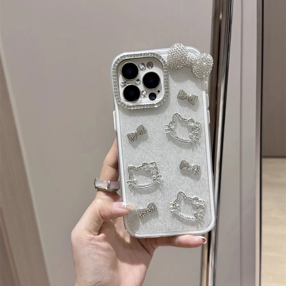 Coque de téléphone 3D mignonne de dessin animé Sanrio Hello Kitty avec nœud et paillettes pour iPhone Pro Max, couleur bonbon, coque arrière