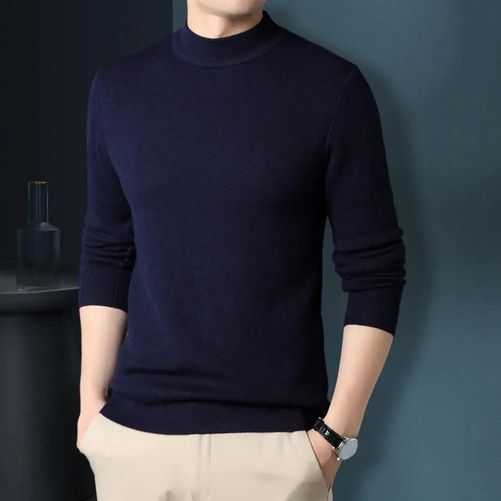 

Men Fall Winter Sweater Round Neck Long Sleeve Knitted Soft Warm Slim Fit Business Elastic Solid Color Anti-shrink Men Sweater
