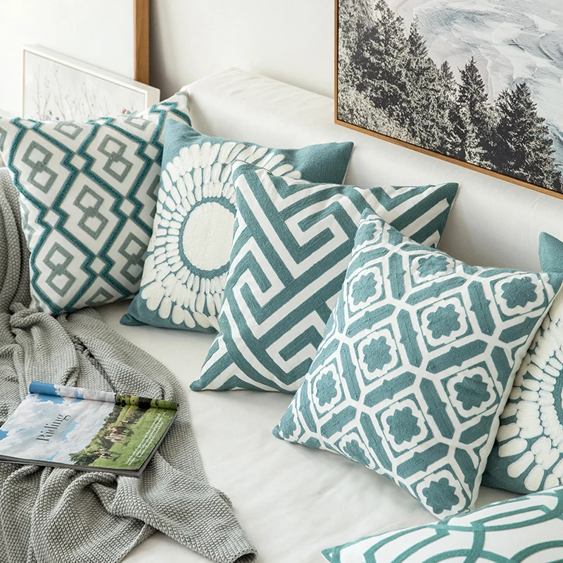 

Home Decor Embroidered Cushion Cover Grey Blue/White Geometric Floral Canvas Cotton Suqare Embroidery Pillow Cover 45x45cm
