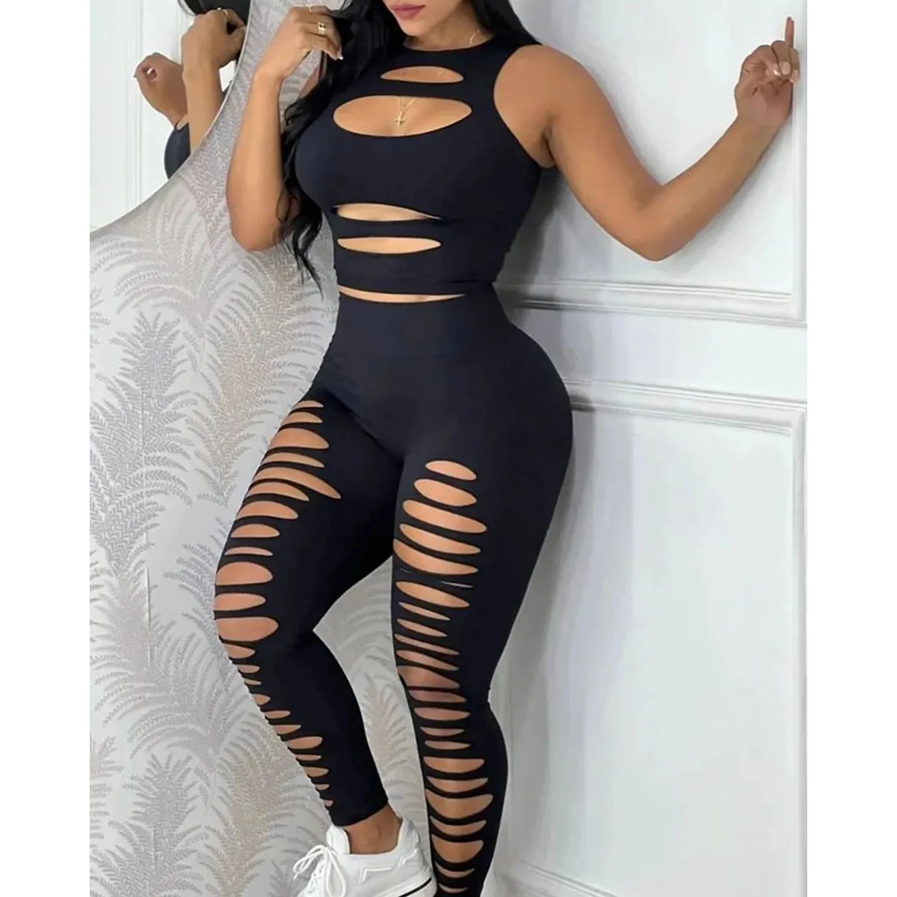 Summer Sexy Women Ladder Hollow out Sleeveless Tank Top & High Waist Pants Set Skinny Black Two Pieces Suit Sets 2023 Woman Clot