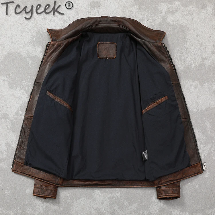 Tcyeek Real Leather Jacket Men Autumn Top Layer Cowhide
