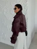 Elegant Burgundy One Button Leather Overcoats For Women Fashion Flip Pockets Loose Solid Jackets 2024 Lady Chic Street Outerwear 4