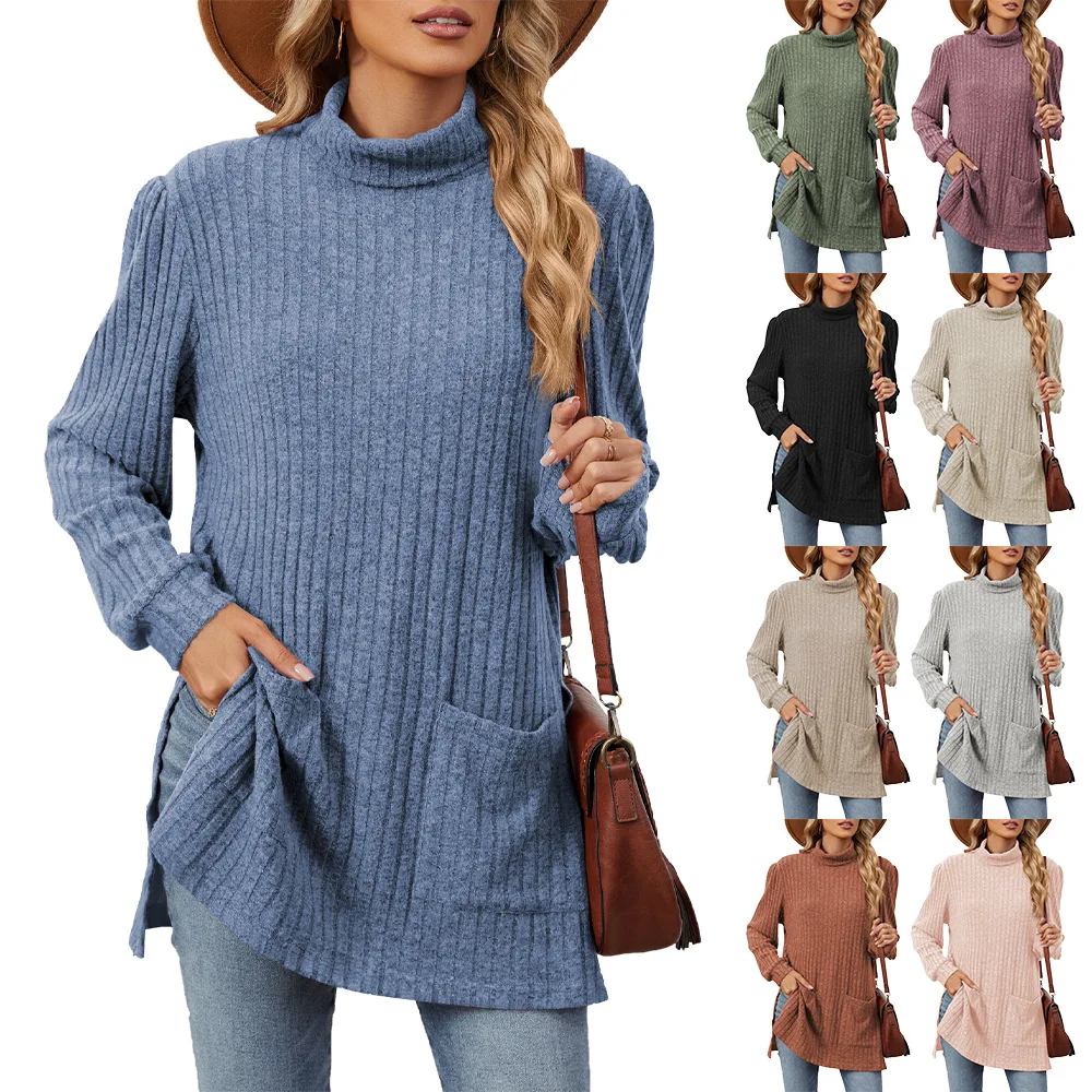 

Autumn and Winter Casual Semi-turtleneck Long-sleeved Loose Split Pocket T-shirt Top Women