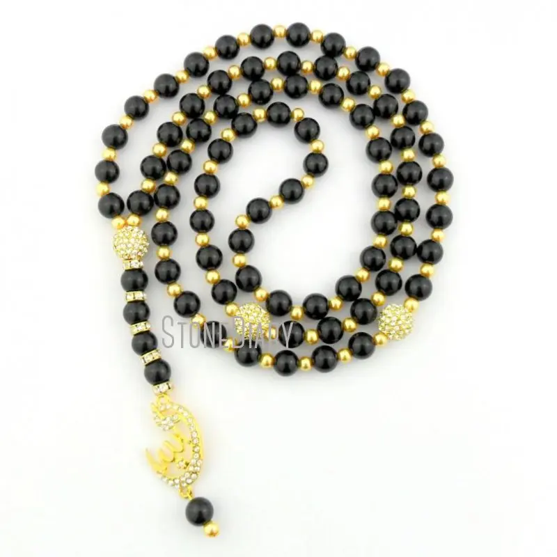 

MU14399 Black Glass Pearl 99 Prayer Rosary Beads With Rhienstone Paved Crescent Moon Gold Plated Allah Muslim Tasbeeh Jewelry