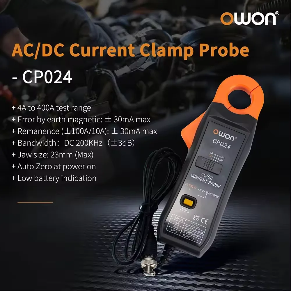 OWON CP024 DC AC Current Probe for Digital Storage Oscilloscope 4A to 400A Bandwidth 200kHz 23mm Jaw Three-Gear Current Clamp