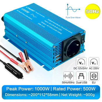 อินเวอร์เตอร์ DC 12V/24V เป็น AC 220V 60Hz 1000W/1500W/2200W  เพาเวอร์อินเวอร์เตอร์ คลื่นไซน์บริสุทธิ์ ตัวแปลงแรงดันไฟฟ้าในรถยนต์ ช่องเสียบ USB คู่ ชาร์จไฟ 50Hz แบบ EU 8