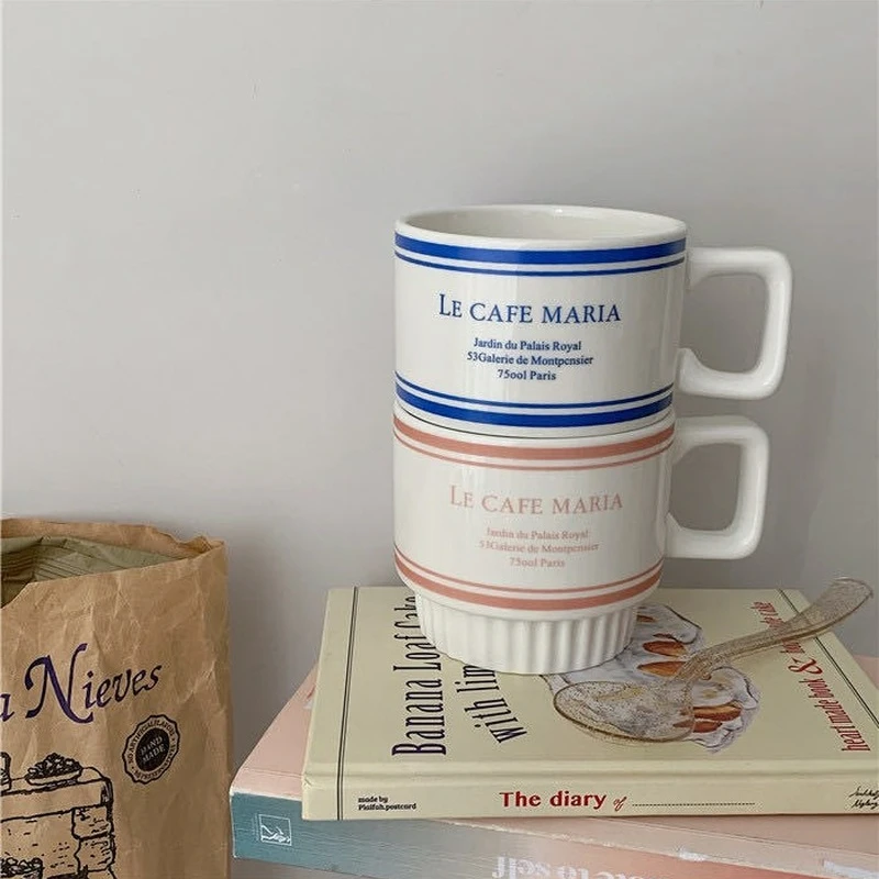 

300ml Korean Minority Simple Letter Retro Coffee Ceramic Cup Lovers Cup Blue Letter Breakfast Cup Milk Cup