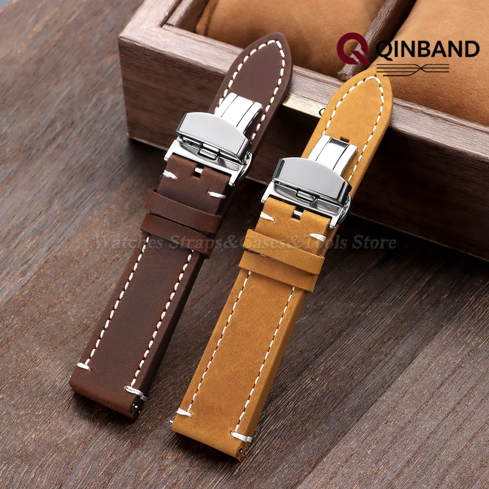 Elegant Butterfly Buckle Genuine Calfskin Leather Watch Strap - Black and Brown Options