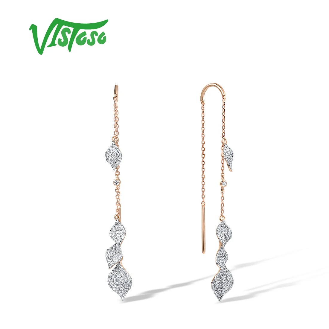 

VISTOSO Genuine 14K 585 Rose Gold Earrings For Women Sparkling Diamond Charming Leaf Dangling Chain Delicate Plant Fine Jewelry