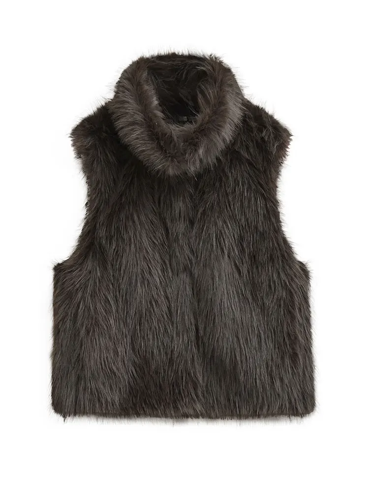 HH Women Fashion Faux Fur Waistcoats Sleeveless Turtleneck Short Vest Coat Woman Vintage Solid Casual Office Lady Outwear