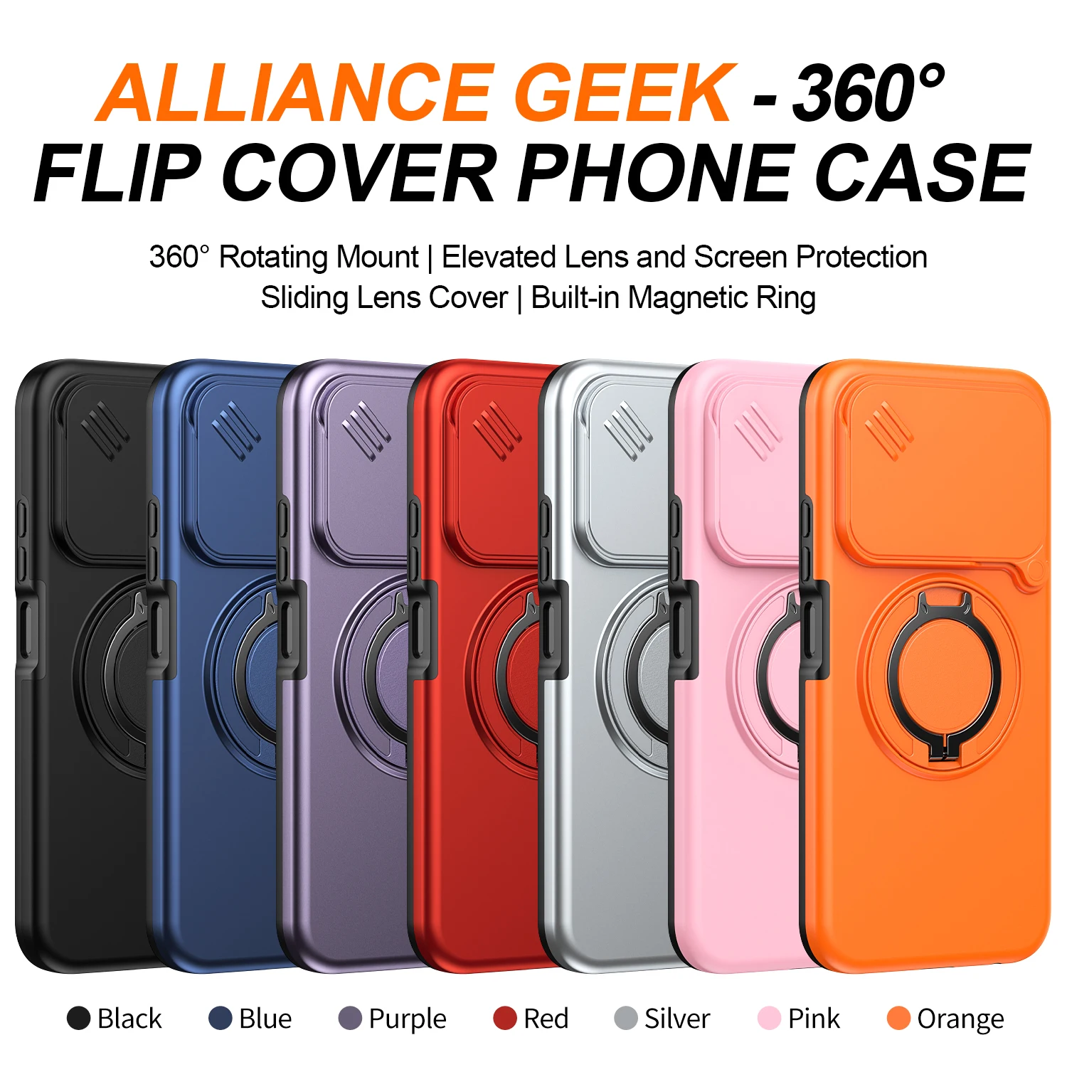 Shockproof Sliding Camera Cover Case with Metal Ring Stand and TPU Frame - Armor Series