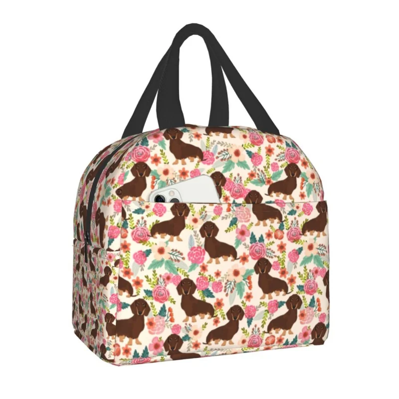 

Cute Dachshund Sausage Dog In Florals Insulated Lunch Bag for Women Wiener Badger Dogs Cooler Thermal Lunch Tote Office Picnic