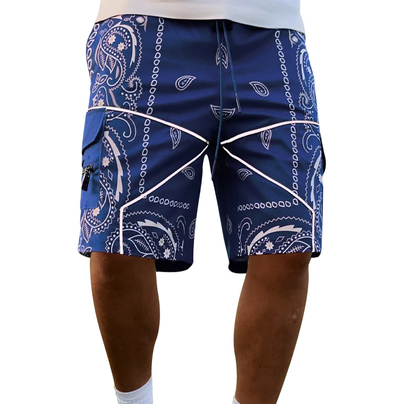 Trendy Cashew Flower Pattern Cargo Shorts, Men's Multi Flap Pockets Shorts, Loose Casual Outdoor Shorts Streetwear Hip hop pants