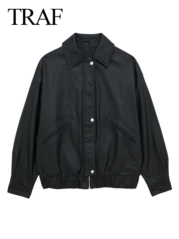 

TRAF Winter Women Black Loose Outwear Basic Streetwear Moto Biker Warm Leather Jacket Zipper Pu Coat Faux Leather Coats